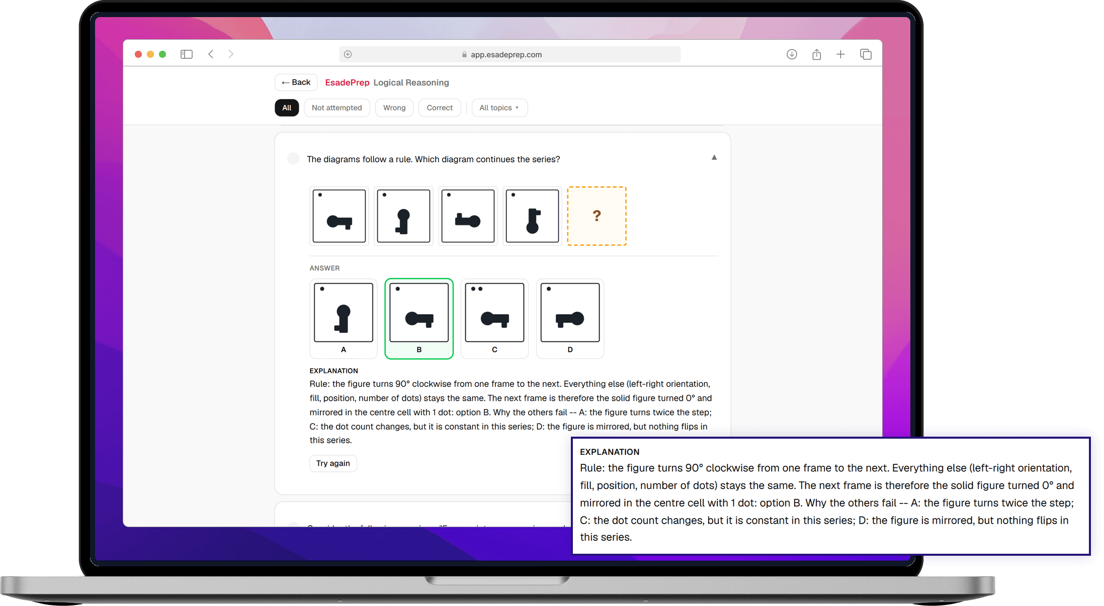 A Logical Reasoning figure series answered correctly on a laptop, with the worked explanation panel