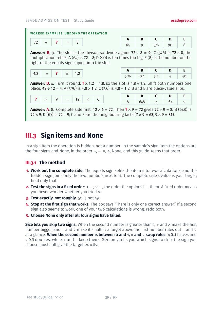 A page from Part III, Numerical analysis: three worked missing-operand items with their five options, and the method for items where the sign is hidden