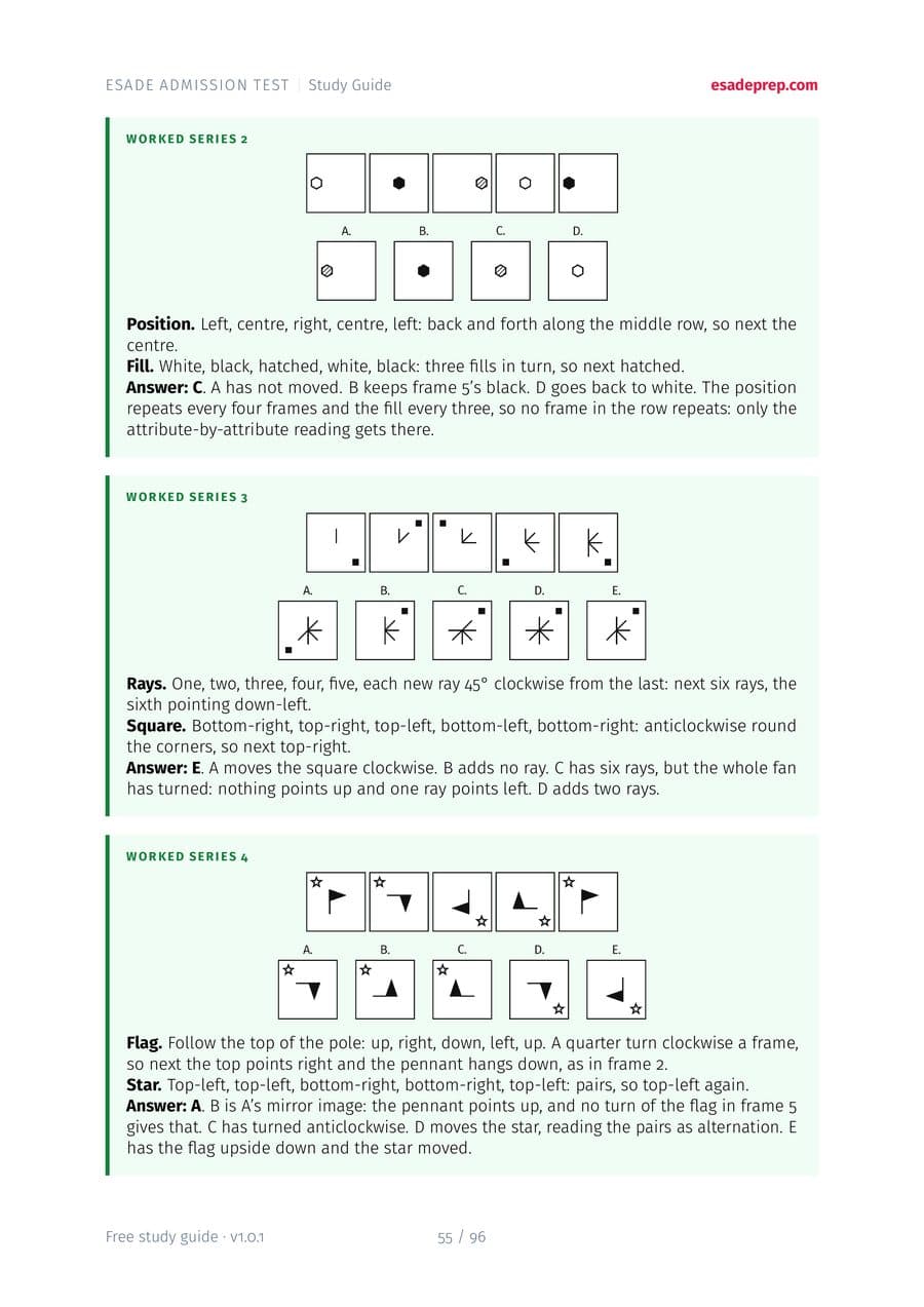 A page from Part IV, Logical reasoning: three worked figure series, every frame drawn, with the rule for position, fill, rays and rotation named